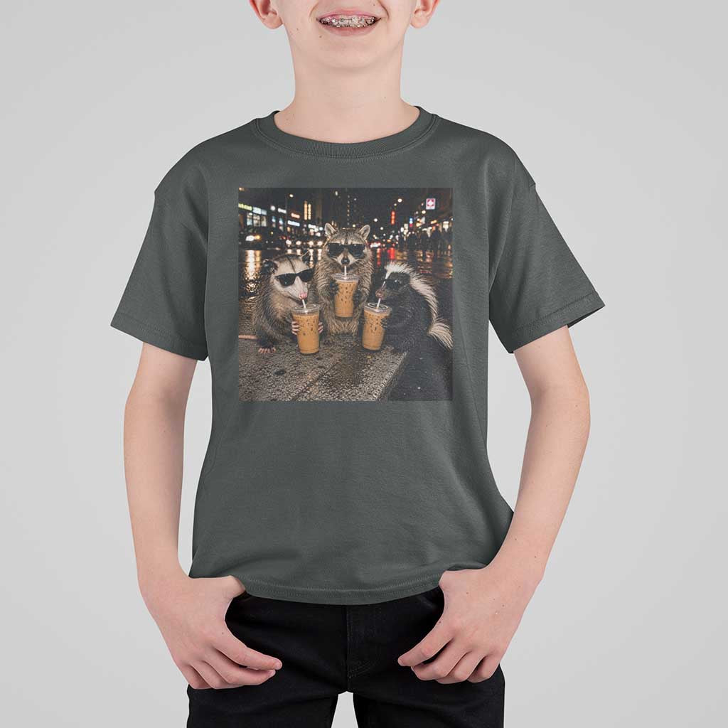 Funny Raccoon Skunk Possum Drinking Iced Coffee T Shirt For Kid Support Local Street Cats Retro Animal Meme