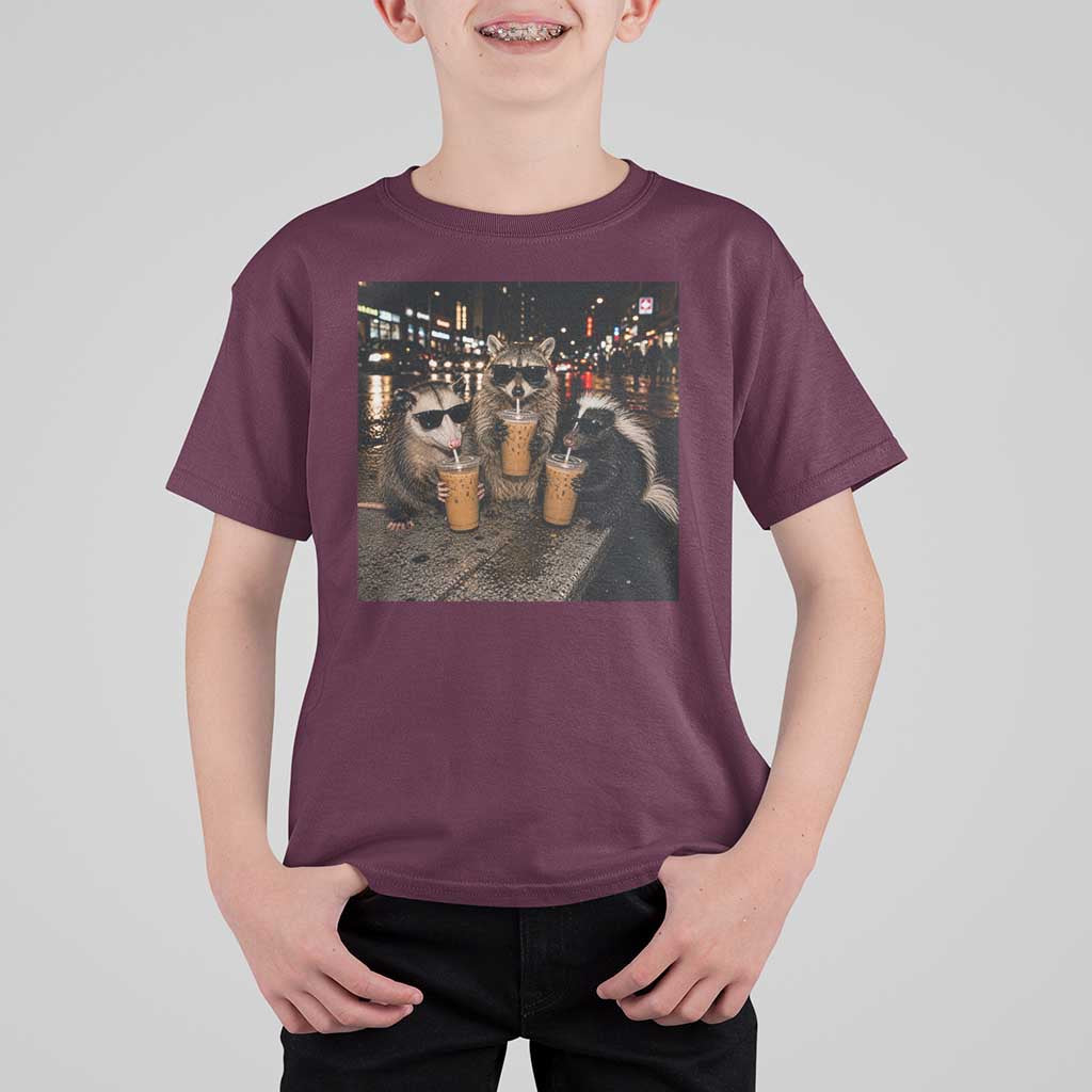 Funny Raccoon Skunk Possum Drinking Iced Coffee T Shirt For Kid Support Local Street Cats Retro Animal Meme
