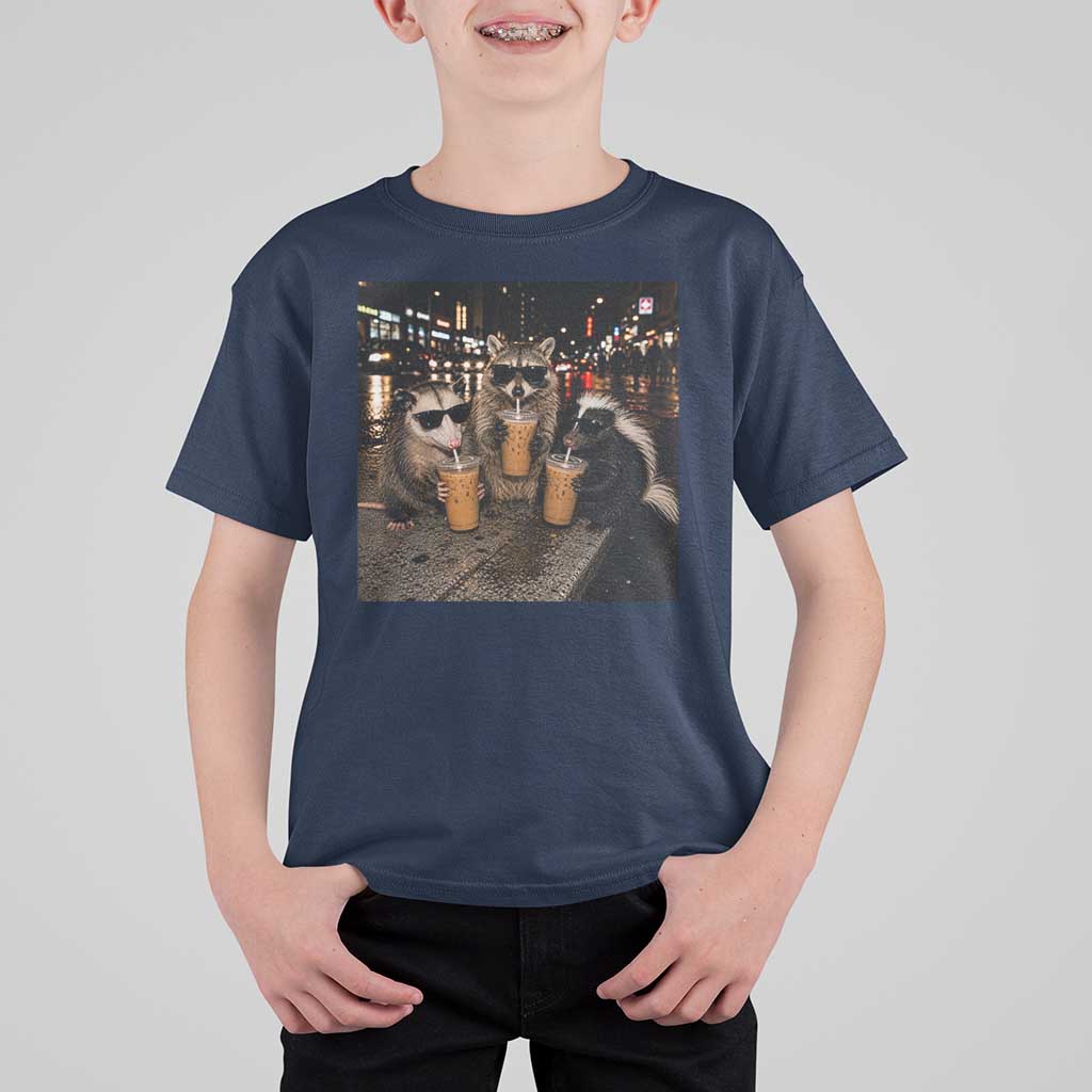 Funny Raccoon Skunk Possum Drinking Iced Coffee T Shirt For Kid Support Local Street Cats Retro Animal Meme
