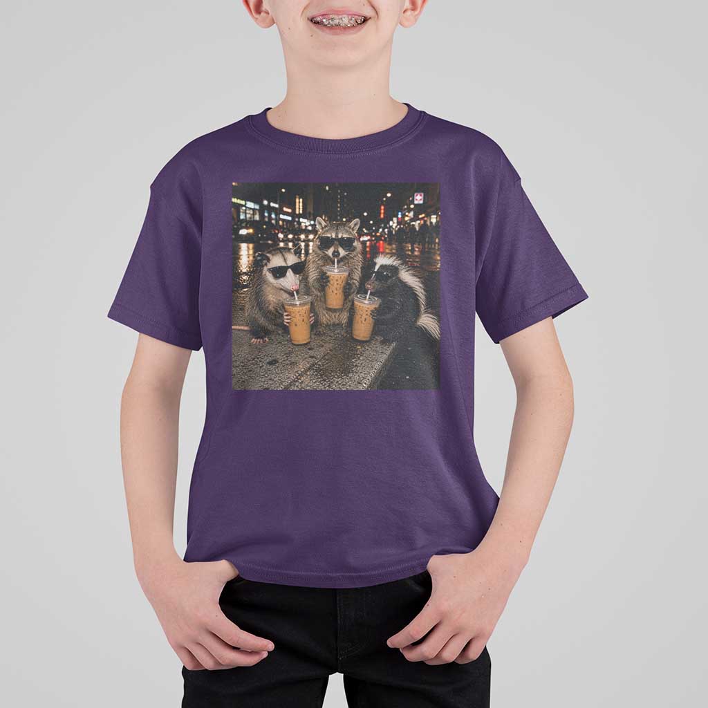 Funny Raccoon Skunk Possum Drinking Iced Coffee T Shirt For Kid Support Local Street Cats Retro Animal Meme