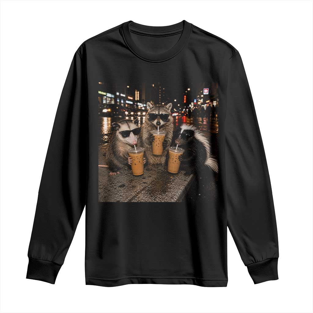 Funny Raccoon Skunk Possum Drinking Iced Coffee Long Sleeve Shirt Support Local Street Cats Retro Animal Meme