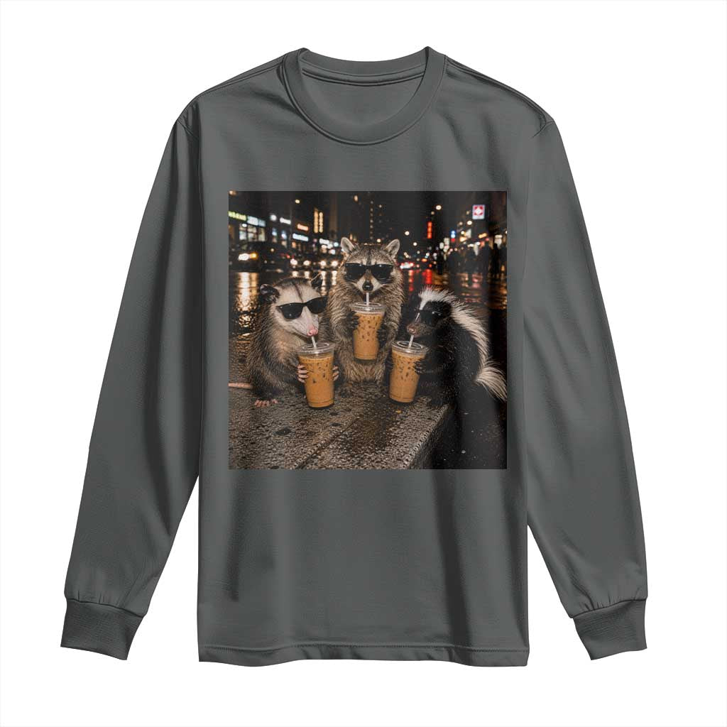 Funny Raccoon Skunk Possum Drinking Iced Coffee Long Sleeve Shirt Support Local Street Cats Retro Animal Meme