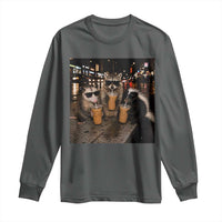 Funny Raccoon Skunk Possum Drinking Iced Coffee Long Sleeve Shirt Support Local Street Cats Retro Animal Meme