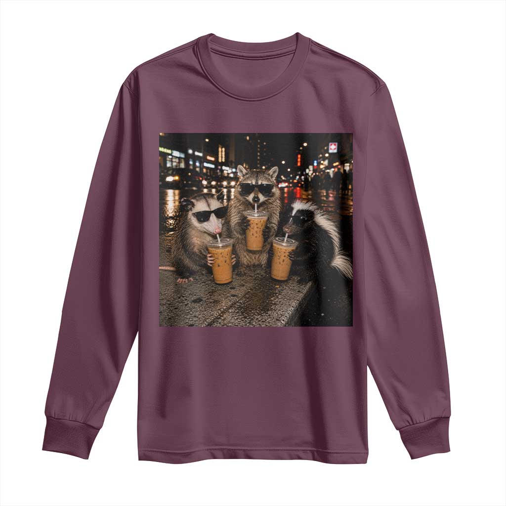 Funny Raccoon Skunk Possum Drinking Iced Coffee Long Sleeve Shirt Support Local Street Cats Retro Animal Meme