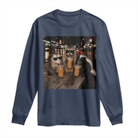 Funny Raccoon Skunk Possum Drinking Iced Coffee Long Sleeve Shirt Support Local Street Cats Retro Animal Meme
