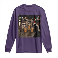 Funny Raccoon Skunk Possum Drinking Iced Coffee Long Sleeve Shirt Support Local Street Cats Retro Animal Meme
