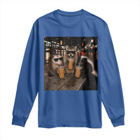 Funny Raccoon Skunk Possum Drinking Iced Coffee Long Sleeve Shirt Support Local Street Cats Retro Animal Meme