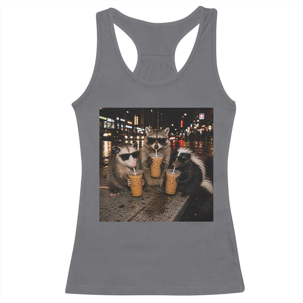 Funny Raccoon Skunk Possum Drinking Iced Coffee Racerback Tank Top Support Local Street Cats Retro Animal Meme