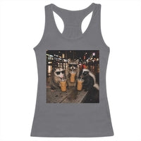 Funny Raccoon Skunk Possum Drinking Iced Coffee Racerback Tank Top Support Local Street Cats Retro Animal Meme