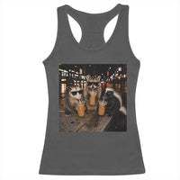Funny Raccoon Skunk Possum Drinking Iced Coffee Racerback Tank Top Support Local Street Cats Retro Animal Meme