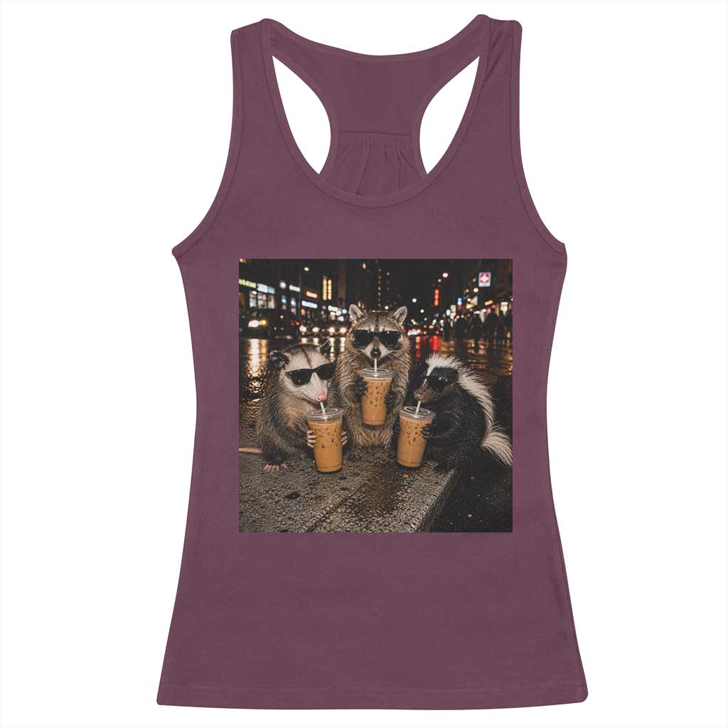 Funny Raccoon Skunk Possum Drinking Iced Coffee Racerback Tank Top Support Local Street Cats Retro Animal Meme