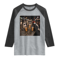 Funny Raccoon Skunk Possum Drinking Iced Coffee Raglan Shirt Support Local Street Cats Retro Animal Meme