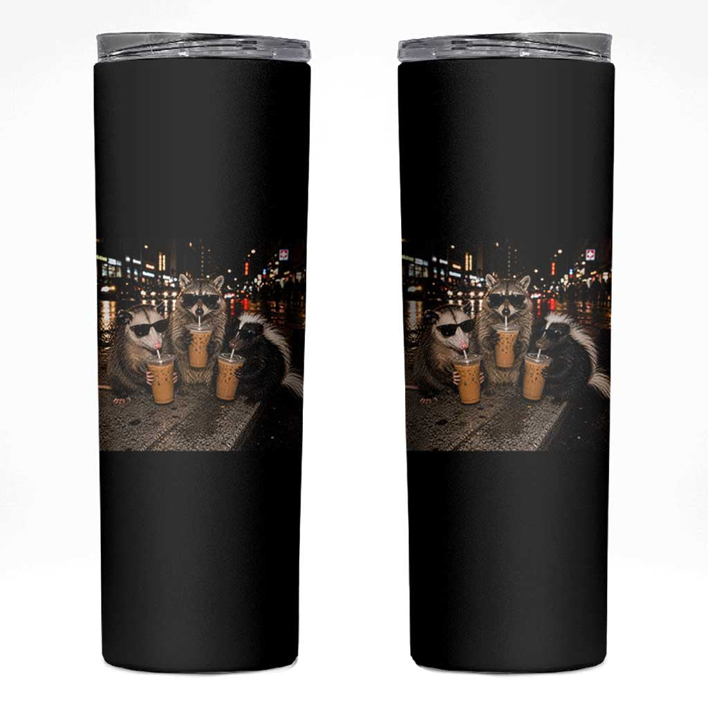 Funny Raccoon Skunk Possum Drinking Iced Coffee Skinny Tumbler Support Local Street Cats Retro Animal Meme