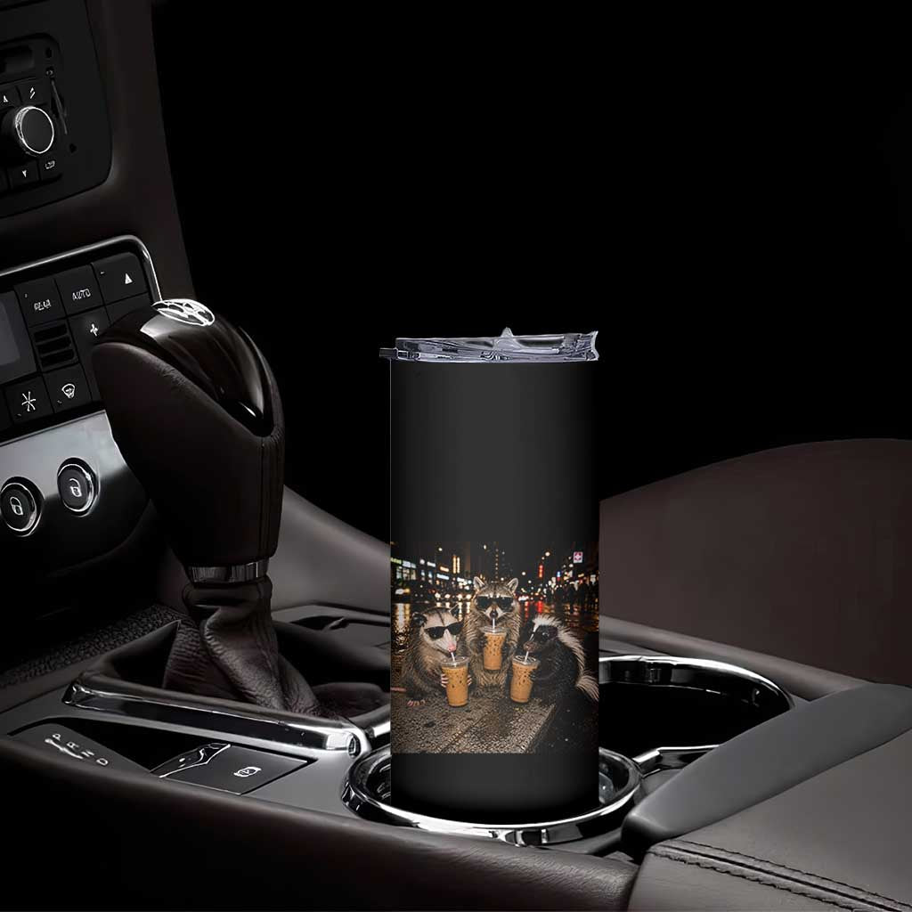 Funny Raccoon Skunk Possum Drinking Iced Coffee Skinny Tumbler Support Local Street Cats Retro Animal Meme