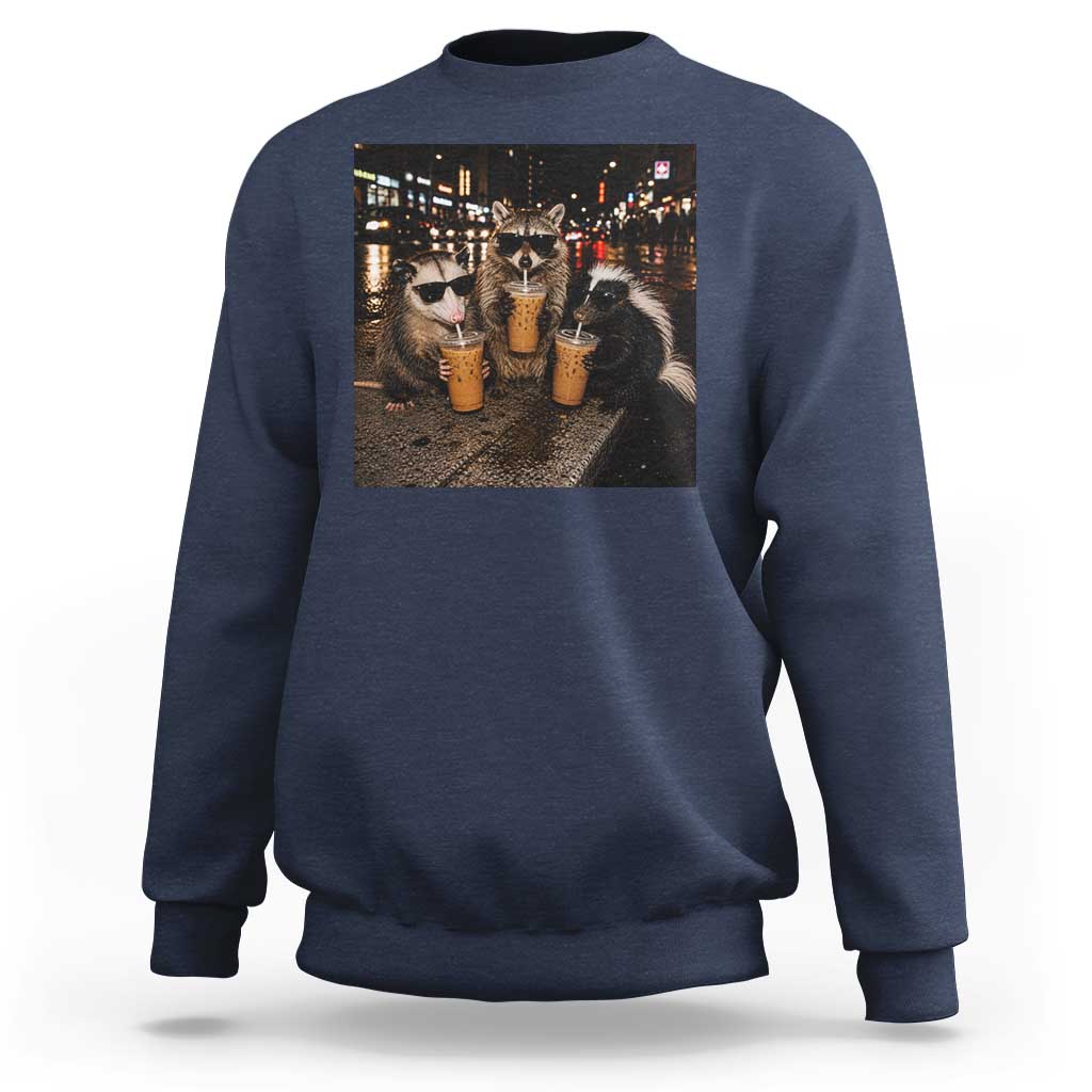 Funny Raccoon Skunk Possum Drinking Iced Coffee Sweatshirt Support Local Street Cats Retro Animal Meme