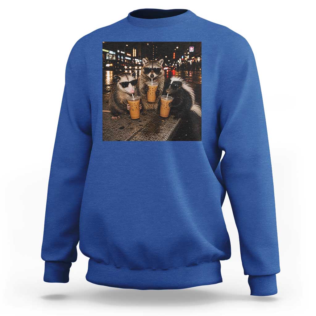 Funny Raccoon Skunk Possum Drinking Iced Coffee Sweatshirt Support Local Street Cats Retro Animal Meme