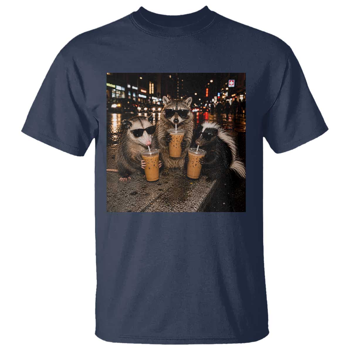 Funny Raccoon Skunk Possum Drinking Iced Coffee T Shirt Support Local Street Cats Retro Animal Meme