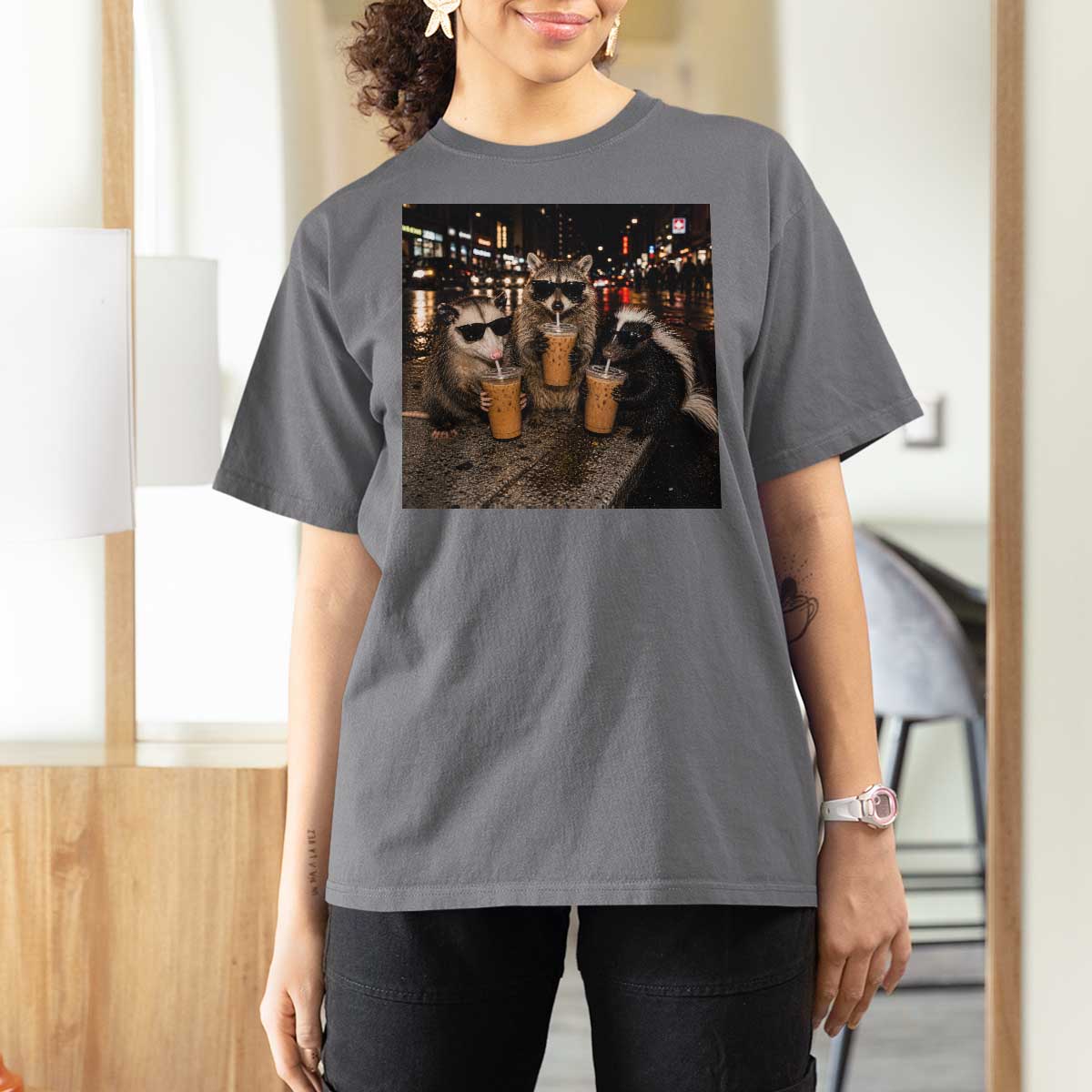 Funny Raccoon Skunk Possum Drinking Iced Coffee T Shirt For Women Support Local Street Cats Retro Animal Meme