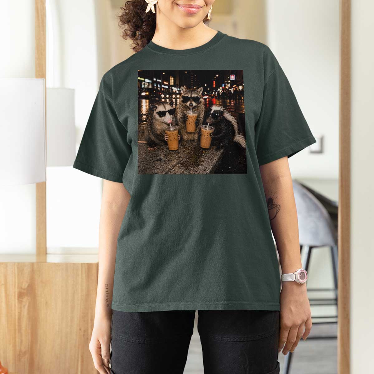 Funny Raccoon Skunk Possum Drinking Iced Coffee T Shirt For Women Support Local Street Cats Retro Animal Meme