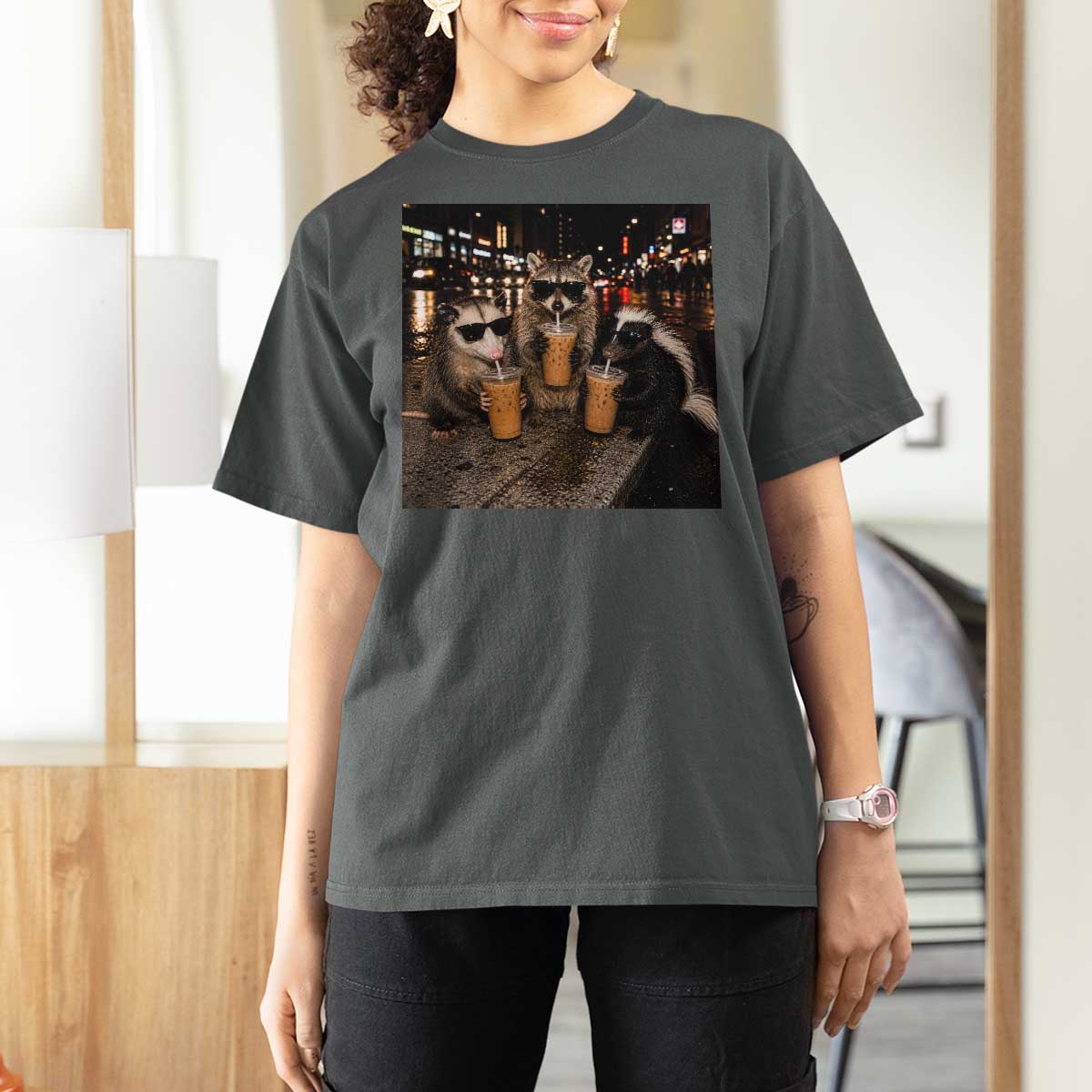 Funny Raccoon Skunk Possum Drinking Iced Coffee T Shirt For Women Support Local Street Cats Retro Animal Meme