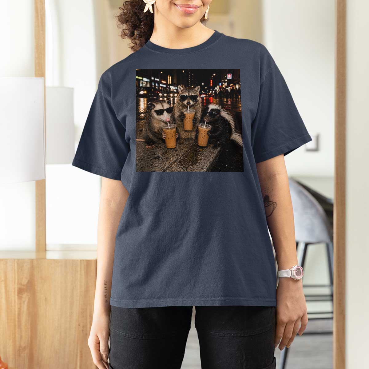 Funny Raccoon Skunk Possum Drinking Iced Coffee T Shirt For Women Support Local Street Cats Retro Animal Meme