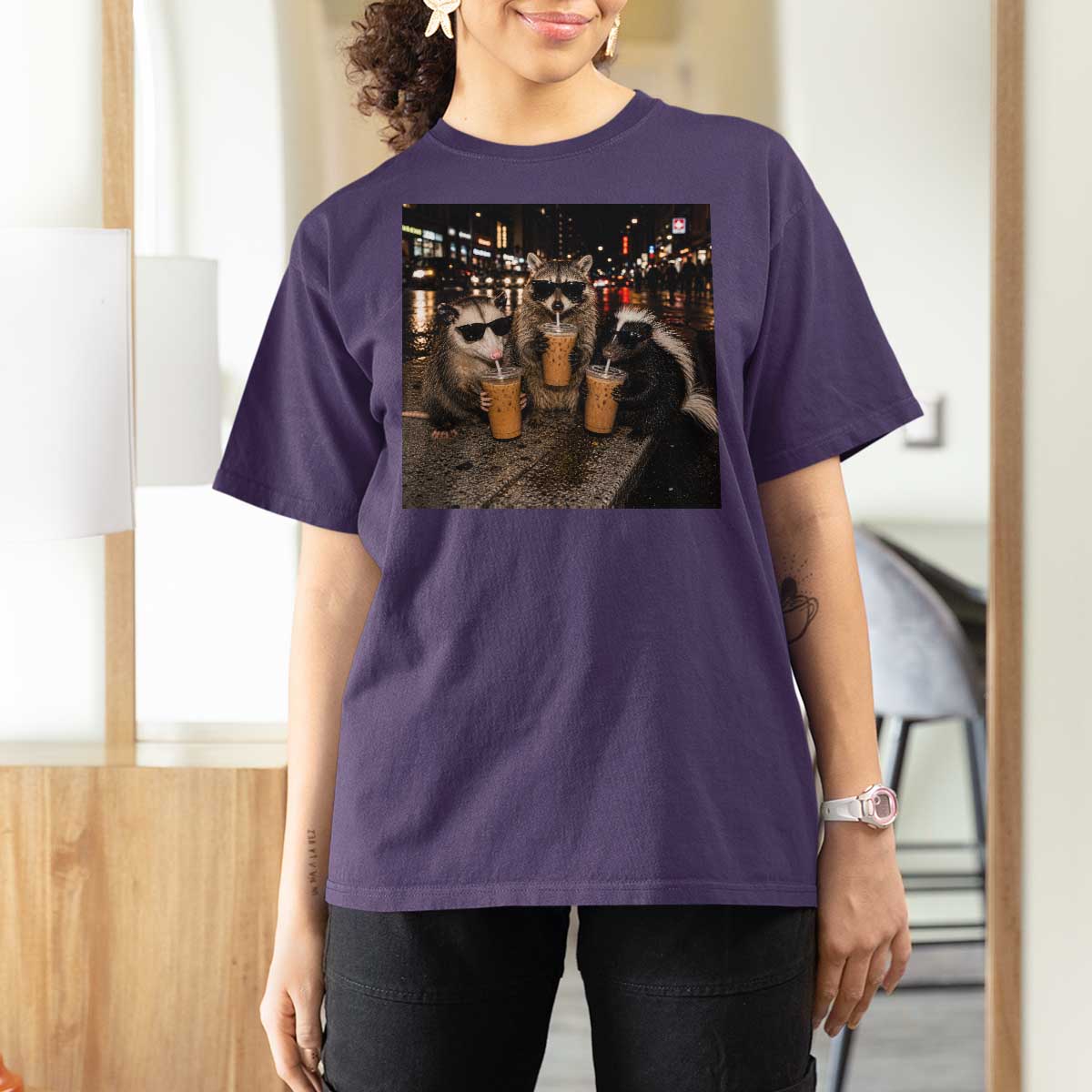 Funny Raccoon Skunk Possum Drinking Iced Coffee T Shirt For Women Support Local Street Cats Retro Animal Meme