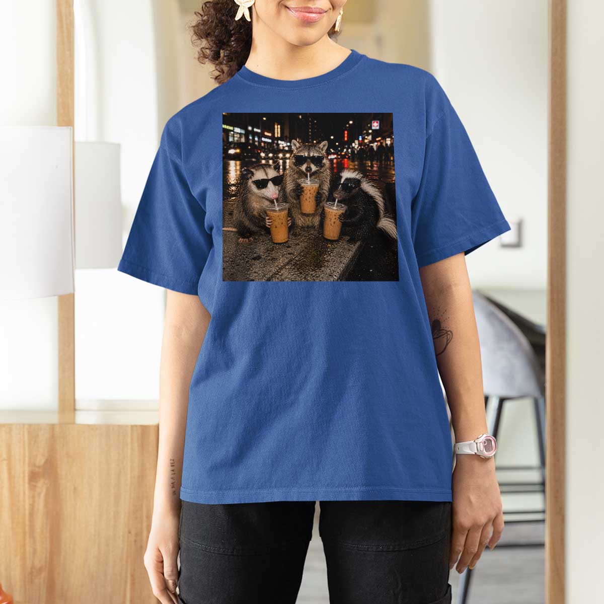 Funny Raccoon Skunk Possum Drinking Iced Coffee T Shirt For Women Support Local Street Cats Retro Animal Meme