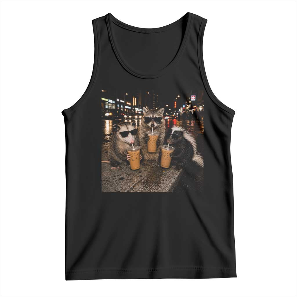 Funny Raccoon Skunk Possum Drinking Iced Coffee Tank Top Support Local Street Cats Retro Animal Meme