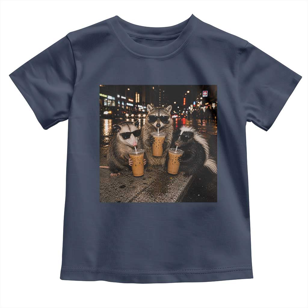 Funny Raccoon Skunk Possum Drinking Iced Coffee Toddler T Shirt Support Local Street Cats Retro Animal Meme