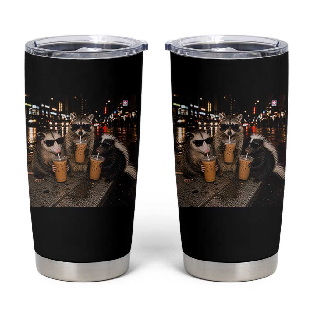 Funny Raccoon Skunk Possum Drinking Iced Coffee Tumbler Cup Support Local Street Cats Retro Animal Meme