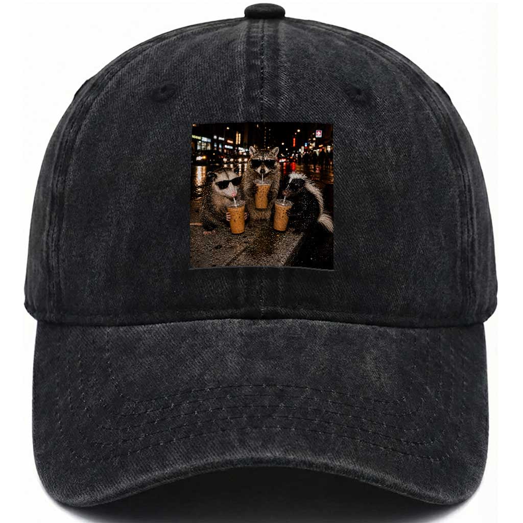 Funny Raccoon Skunk Possum Drinking Iced Coffee Washed Cotton Baseball Cap Support Local Street Cats Retro Animal Meme