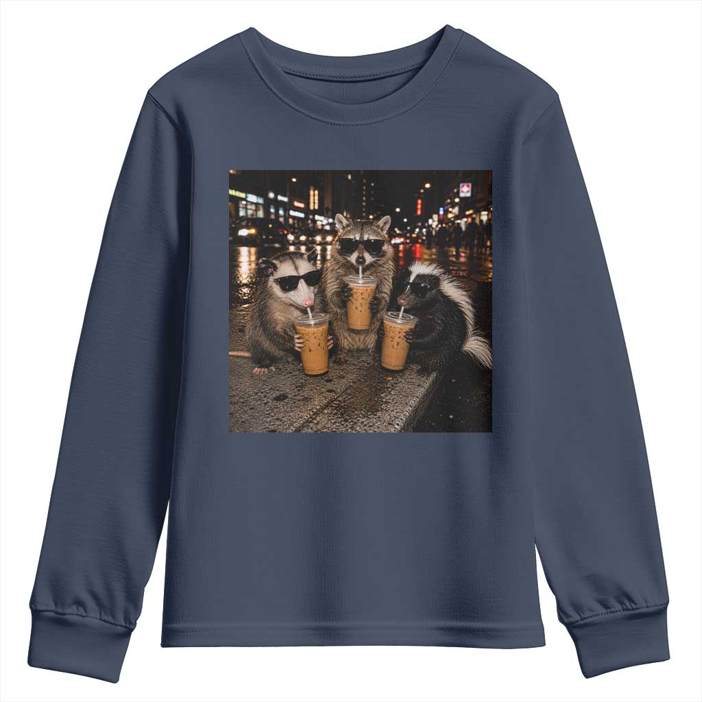 Funny Raccoon Skunk Possum Drinking Iced Coffee Youth Sweatshirt Support Local Street Cats Retro Animal Meme