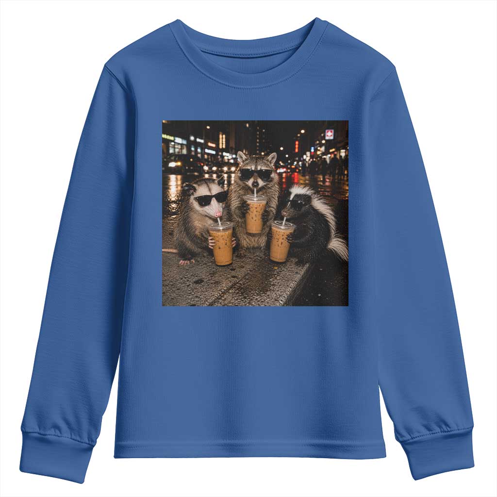 Funny Raccoon Skunk Possum Drinking Iced Coffee Youth Sweatshirt Support Local Street Cats Retro Animal Meme