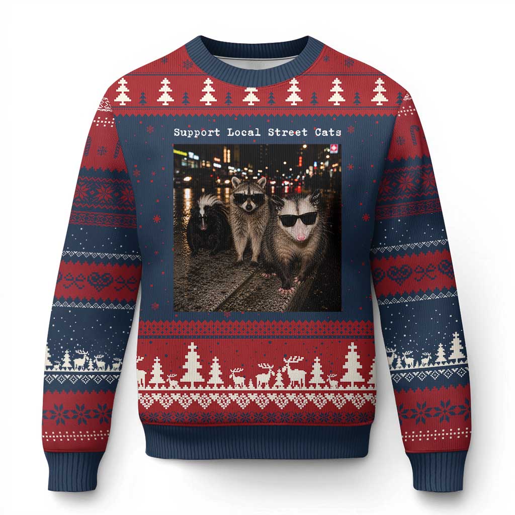 Support Local Street Cats Ugly Christmas Sweater Funny Raccoon Skunk Possum Animal Meme