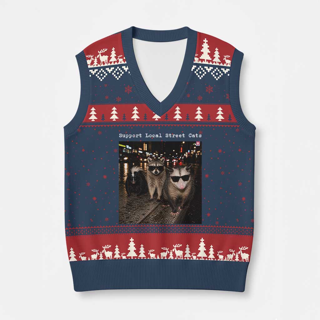 Support Local Street Cats V-Neck Knit Sweater Vest Funny Raccoon Skunk Possum Animal Meme
