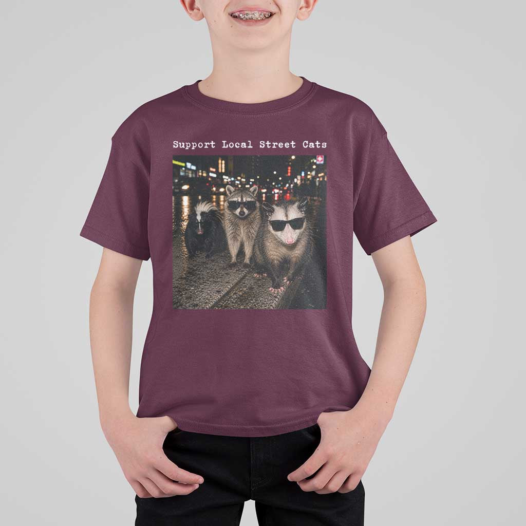 Support Local Street Cats T Shirt For Kid Funny Raccoon Skunk Possum Animal Meme