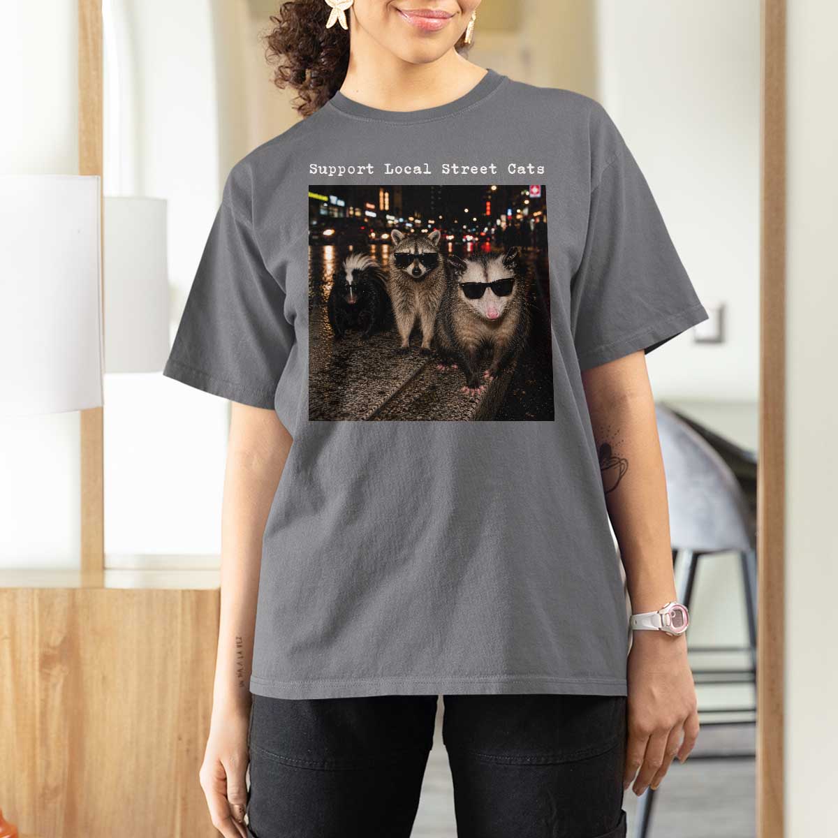Support Local Street Cats T Shirt For Women Funny Raccoon Skunk Possum Animal Meme