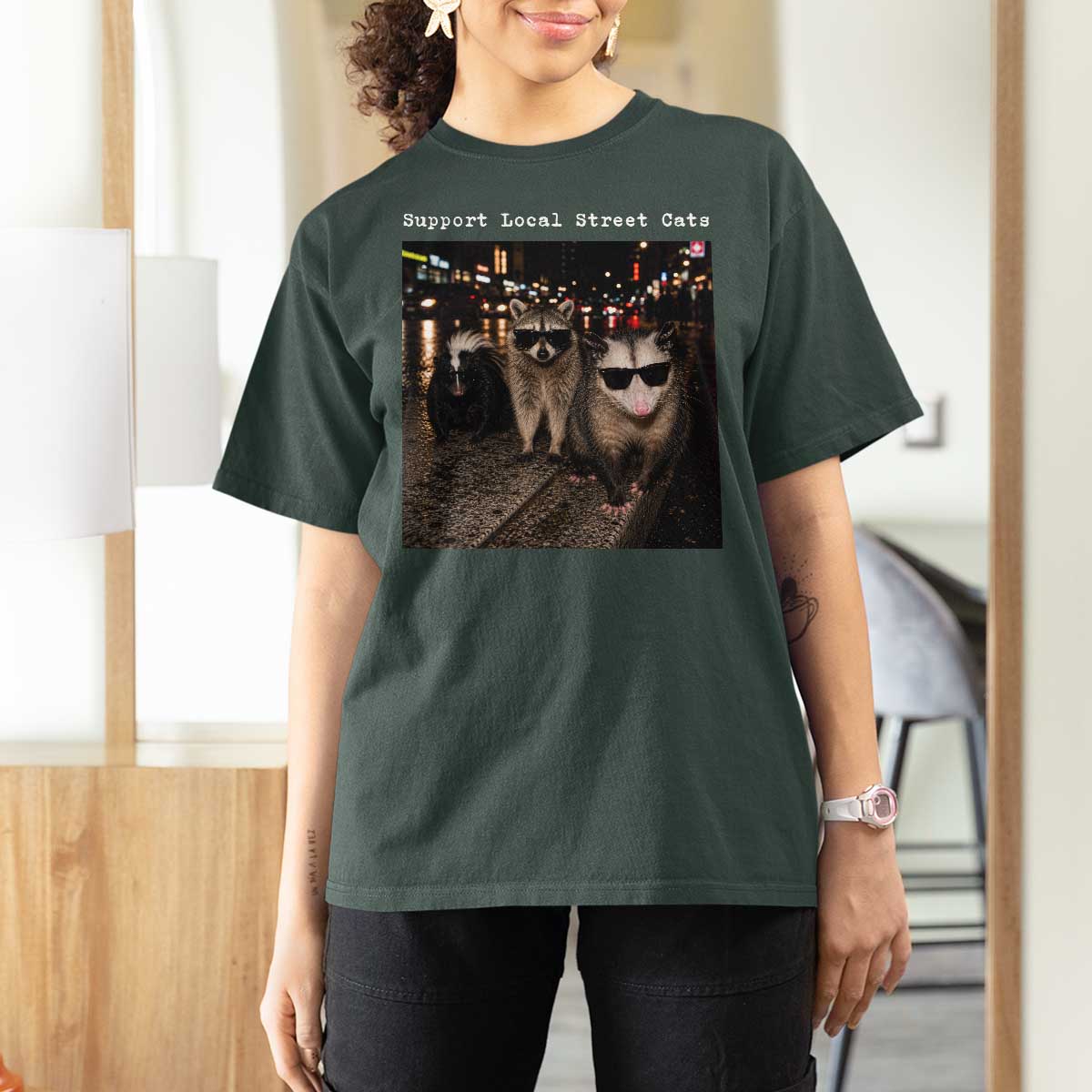 Support Local Street Cats T Shirt For Women Funny Raccoon Skunk Possum Animal Meme