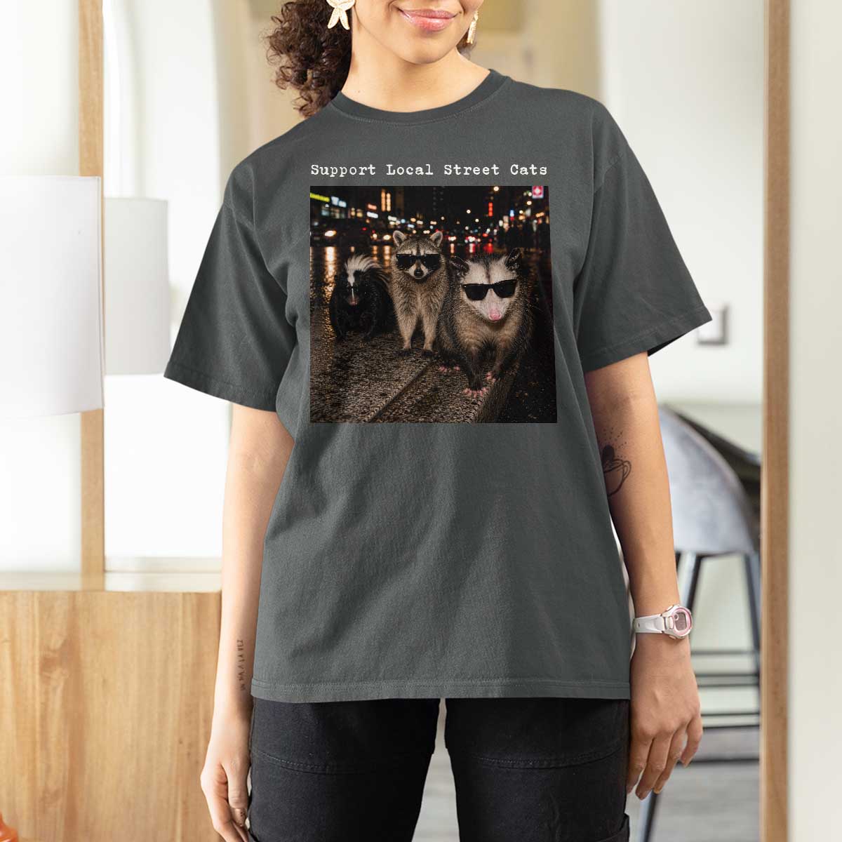 Support Local Street Cats T Shirt For Women Funny Raccoon Skunk Possum Animal Meme