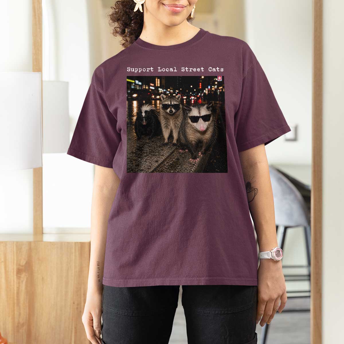 Support Local Street Cats T Shirt For Women Funny Raccoon Skunk Possum Animal Meme