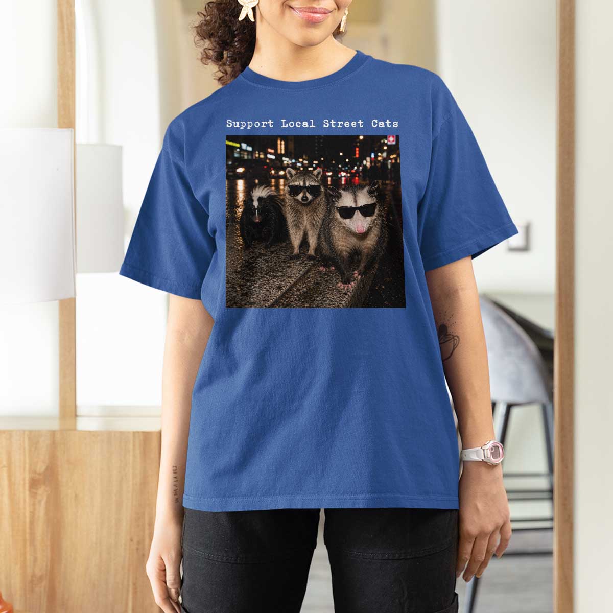 Support Local Street Cats T Shirt For Women Funny Raccoon Skunk Possum Animal Meme