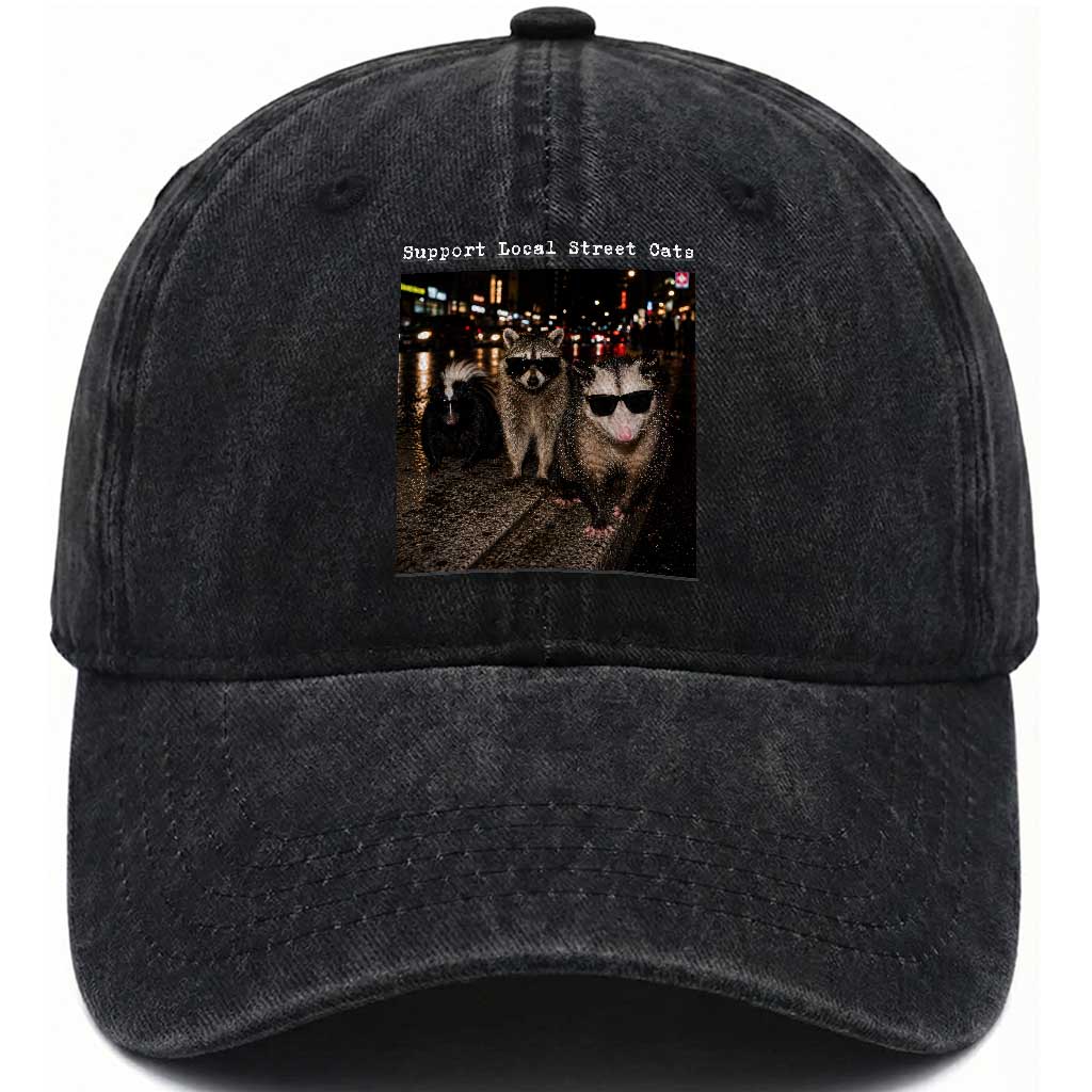 Support Local Street Cats Washed Cotton Baseball Cap Funny Raccoon Skunk Possum Animal Meme