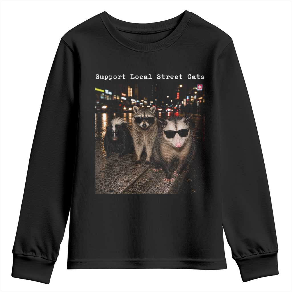 Support Local Street Cats Youth Sweatshirt Funny Raccoon Skunk Possum Animal Meme