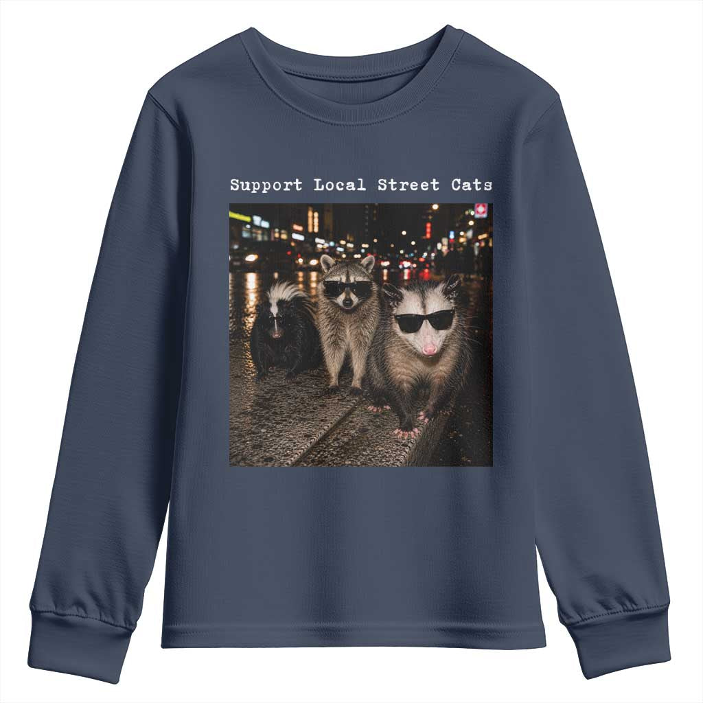 Support Local Street Cats Youth Sweatshirt Funny Raccoon Skunk Possum Animal Meme