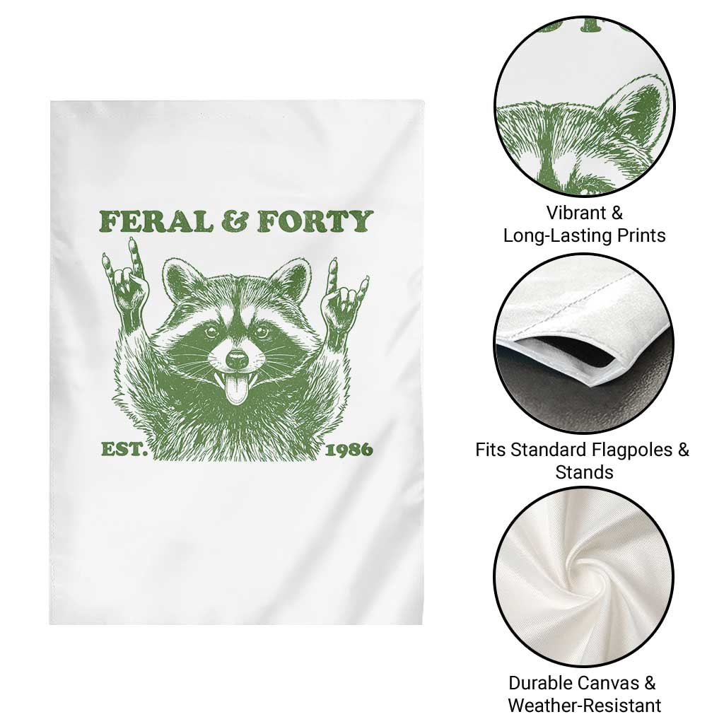 Raccoon 40th Birthday Garden Flag Funny Feral And Forty Vintage 1986 40 Year Old Gift