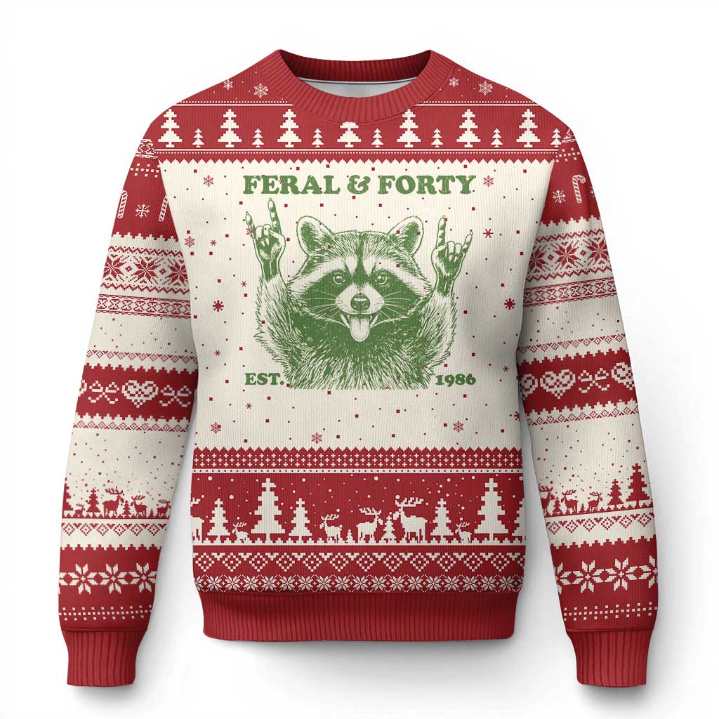 Raccoon 40th Birthday Ugly Christmas Sweater Funny Feral And Forty Vintage 1986 40 Year Old Gift