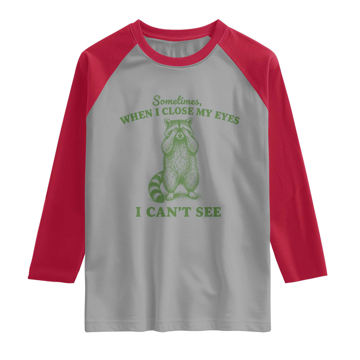 Funny Raccoon Meme Raglan Shirt Sometimes When I Close My Eyes I Cant See Vintage Trash Panda