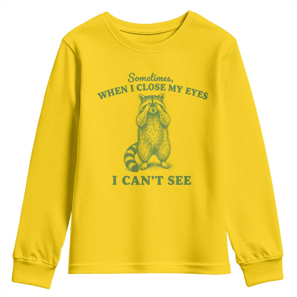 Funny Raccoon Meme Youth Sweatshirt Sometimes When I Close My Eyes I Cant See Vintage Trash Panda