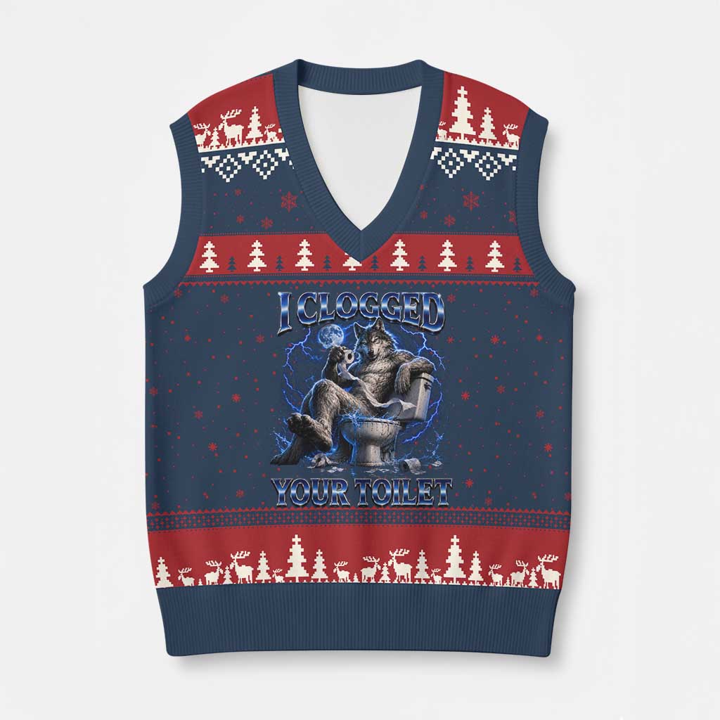 I Clogged Your Toilet Alpha Wolf Meme V-Neck Knit Sweater Vest Funny Unhinged Stupid Brainrot