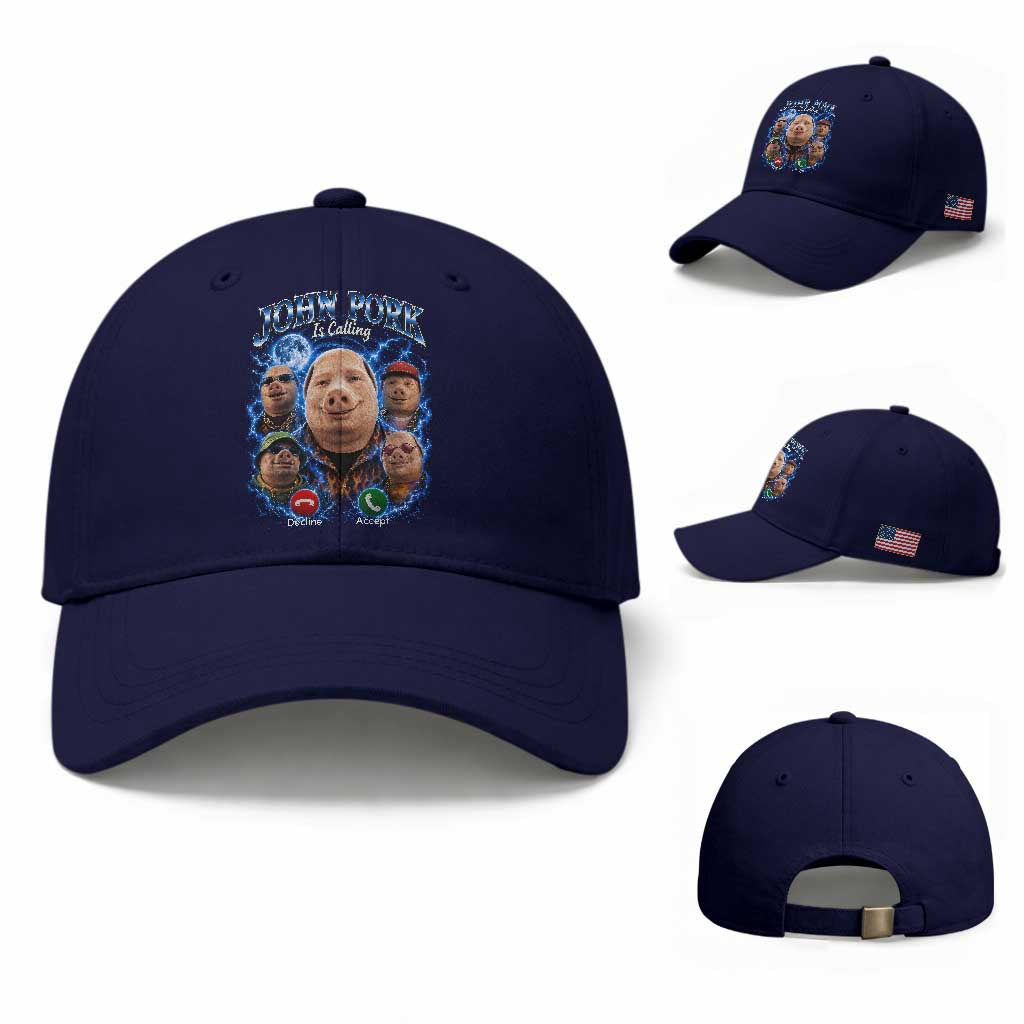 John Pork Calling Baseball Cap Funny Answer Call Phone Brainrot Meme Vintage Bootleg Graphic